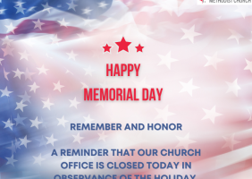 Happy Memorial Day in red letters of a waving American flag graphic