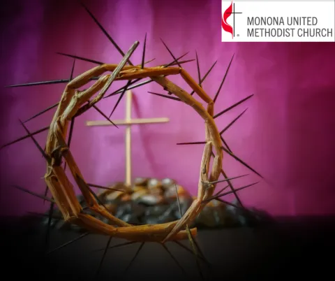 Crown of thorns framing a simple cross with purple background.
