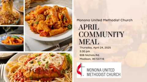 Cover photo of Community Meal with pictures of baked spaghetti on it