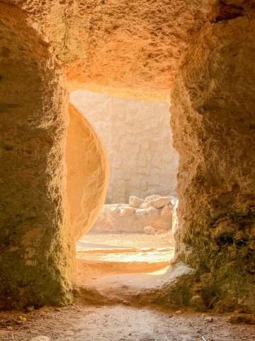 View of the stone rolled away from the inside of the tomb