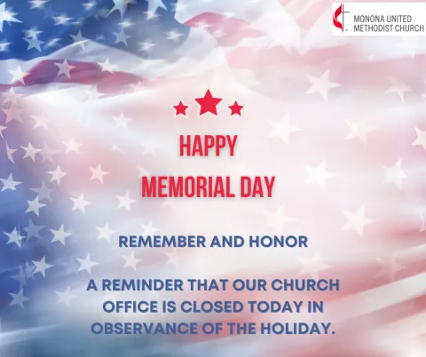 Happy Memorial Day in red letters of a waving American flag graphic