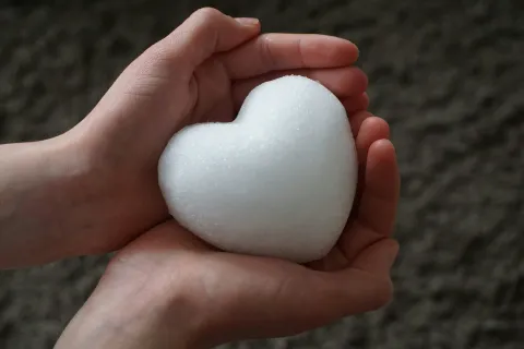 Photo of two hands hold a white heart