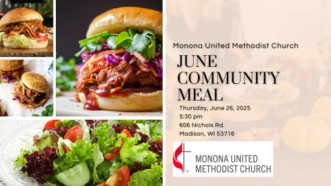 4 photos of pulled pork and pulled chicken sandwiches with text about June community meal