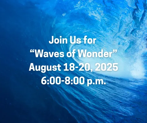 Photo of waves with the words "Join us for "Waves of Wonder" August 18-20, 2025 6:00-8:00 p.m. in white letters