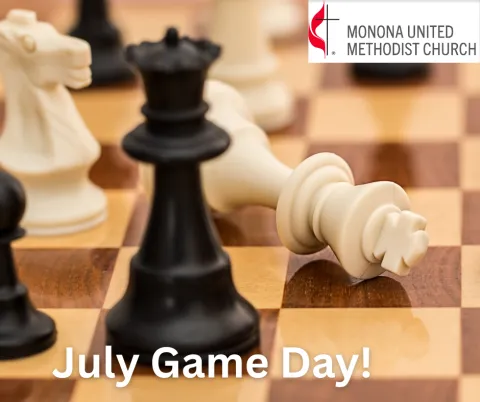 Photo of black and white chess pieces on a chess board with the words "July Game Day" in white on the bottom of the graphic