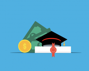Graphic with graduation mortarboard, dollar bill and diploma with blue background